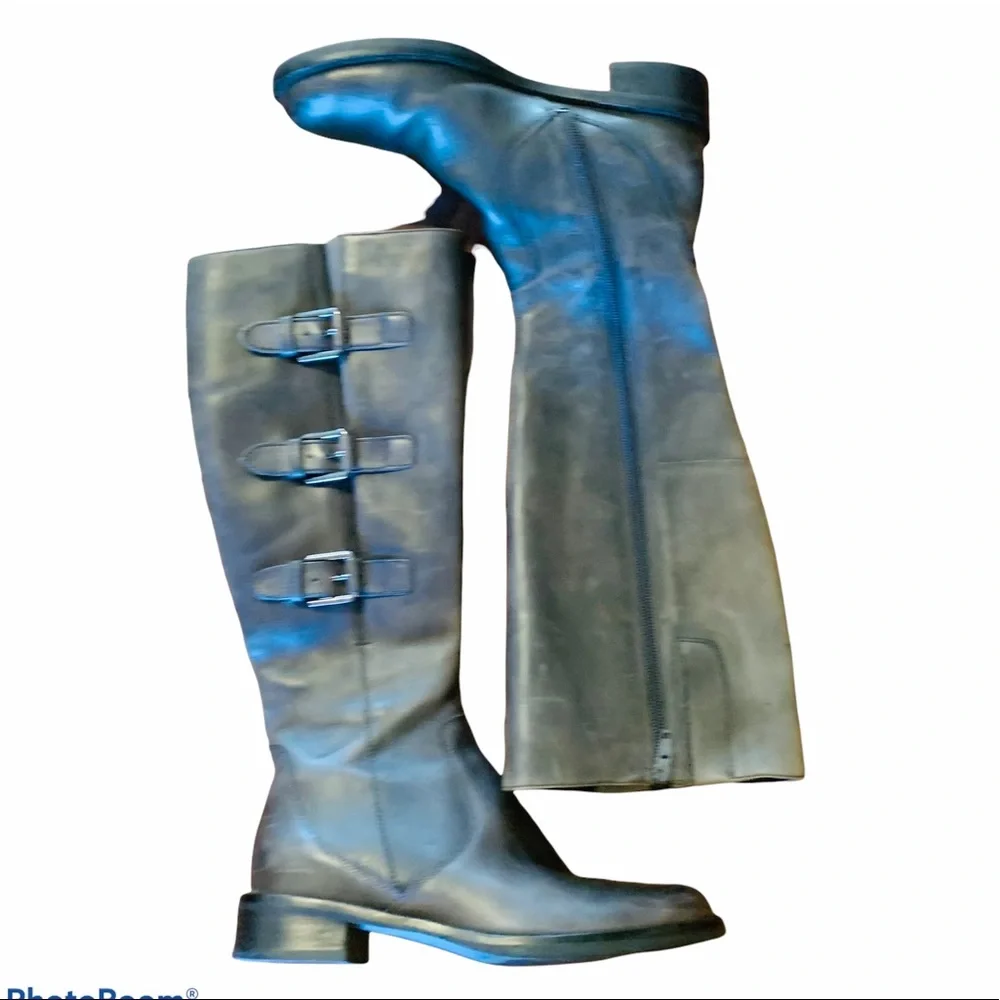 Ecco Hobart Gray Tall Leather Block Heel Boots